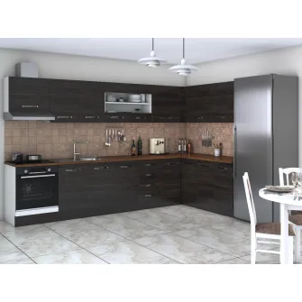 Bucatarie de colt Alfa, cu vitrina, corp cuptor, corp hota, wenge, blat termic nuc + servicii de modelare si vizualizare CADOU