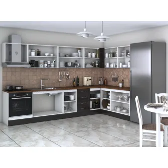 Bucatarie de colt Alfa, cu vitrina, corp cuptor, corp hota, wenge, blat termic nuc + servicii de modelare si vizualizare CADOU
