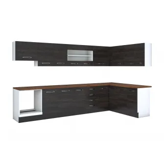 Bucatarie de colt Alfa, cu vitrina, corp cuptor, corp hota, wenge, blat termic nuc + servicii de modelare si vizualizare CADOU