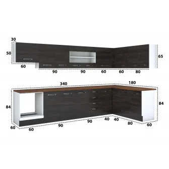 Bucatarie de colt Alfa, cu vitrina, corp cuptor, corp hota, wenge, blat termic nuc