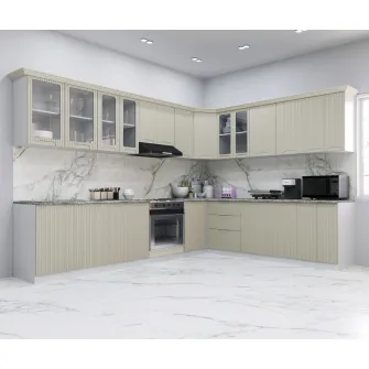 Set bucatarie Colt cu soft-close si fronturi MDF Badenmob, seria Space, 300/250cm, Crem, montaj reversibil + servicii de modelare si vizualizare CADOU