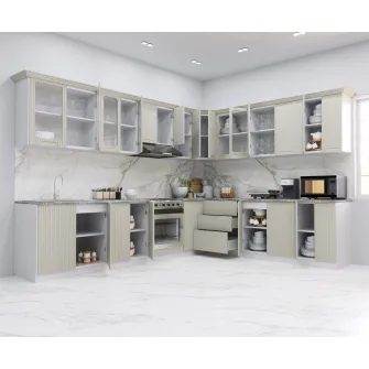Set bucatarie Colt cu soft-close si fronturi MDF Badenmob, seria Space, 300/250cm, Crem, montaj reversibil + servicii de modelare si vizualizare CADOU