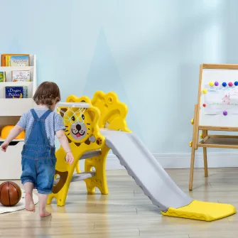 AIYAPLAY Tobogan 2 in 1 pentru Copii 1 pentru Utilizare in Interior, Durabil si Stabil cu Tema de Leu, cu Cos de Baschet, pentru 18-36 luni, Galben