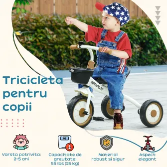 AIYAPLAY Tricicleta pentru Copii de 2-5 ani, Tricicleta pentru Copii cu Scaun Reglabil, Cos, Clopotel, Alb.