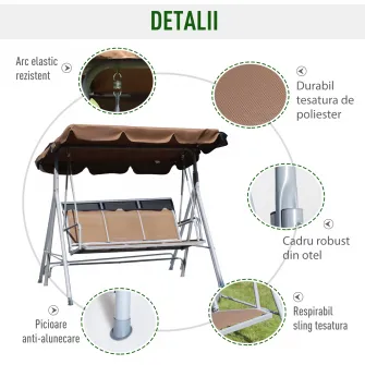 Balansoar de Gradina 3 Locuri Metal 170x112x153cm Maro Outsunny