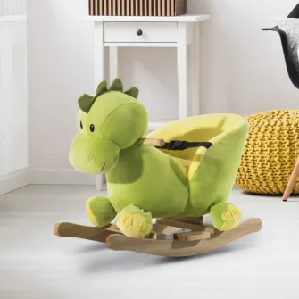 Balansoar pentru copii HomCom Rocking Dragon, din lemn pentru, verde si galben