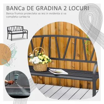 Banca de Gradina din metal cu 2 Locuri 128x56x86cm NegruOutsunny