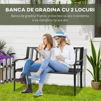 Banca din otel de gradina HOMCM pentru exterior, Banca de terasa pentru 2 persoane, Mobilier canapea pentru 2 persoane pentru gazon, Punte, Curte, Veranda, Intrare, Negru