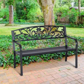 Banca in stil vintage pentru gradina, Outsunny, Metal, Rezistent la apa, 127 x 60 x 87 cm, Negru