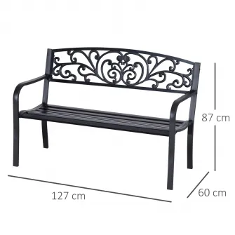Banca in stil vintage pentru gradina, Outsunny, Metal, Rezistent la apa, 127 x 60 x 87 cm, Negru