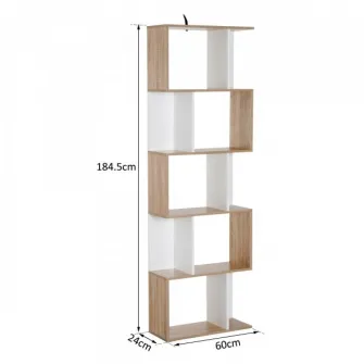 Biblioteca de perete moderna Homcom 5 rafturi din lemn alb/stejar, 60x24x184.5 cm