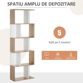 Biblioteca de perete moderna Homcom 5 rafturi din lemn alb/stejar, 60x24x184.5 cm