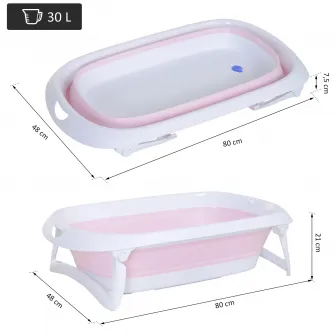 Cadita de baie pentru bebelusi Homcom, Plastic, Pliabila, Sistem de evacuare apa, 80x48x21cm, Alb/Roz