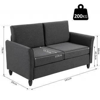 Canapea de 2 locuri, Homcom, 141 x 65 x 78 cm, In / Spuma / Lemn, Gri inchis