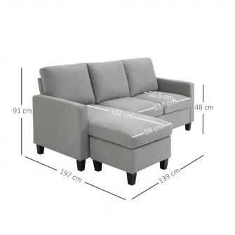 Canapea de colt cu 3 locuri, HOMCOM, 197 x 139 x 91 cm, Poliester / Spuma / Metal, Gri deschis