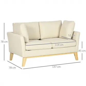 Canapea, Homcom, 2 locuri, 2 perne incluse, Lemn/Textil, 137x78x78 cm, Bej