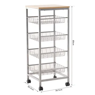 Carucior de bucatarie pe roti Homcom, Lemn MDF/Otel, 36.5 x 36.5 x 89 cm, Argintiu
