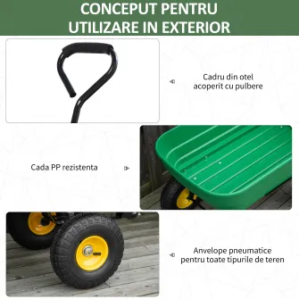 Carucior de gradina Outsunny 125L din otel si PP cu cada rabatabila si maner de transport, 118x58x102 cm, de culoare verde inchis