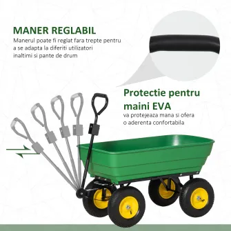 Carucior de gradina Outsunny 125L din otel si PP cu cada rabatabila si maner de transport, 118x58x102 cm, de culoare verde inchis