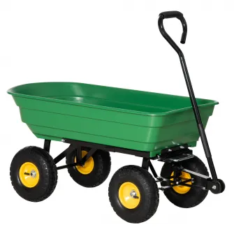 Carucior de gradina Outsunny 75L din otel si PP cu cuva rabatabila si maner de transport, 109x52x94 cm, de culoare verde inchis