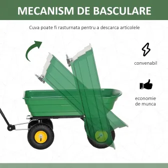 Carucior de gradina Outsunny 75L din otel si PP cu cuva rabatabila si maner de transport, 109x52x94 cm, de culoare verde inchis