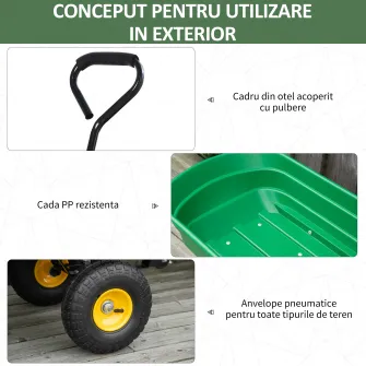 Carucior de gradina Outsunny 75L din otel si PP cu cuva rabatabila si maner de transport, 109x52x94 cm, de culoare verde inchis