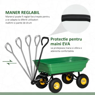 Carucior de gradina Outsunny 75L din otel si PP cu cuva rabatabila si maner de transport, 109x52x94 cm, de culoare verde inchis