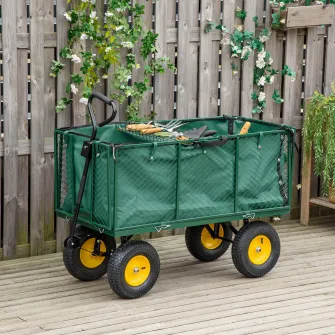 Carucior de gradina, Outsunny, Otel/Metal, 342 l, Maner lateral, 4 roti, 138 x 57 x 84 cm, Verde
