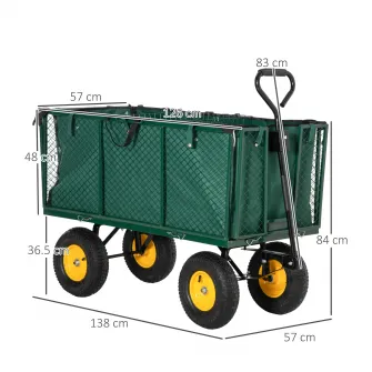 Carucior de gradina, Outsunny, Otel/Metal, 342 l, Maner lateral, 4 roti, 138 x 57 x 84 cm, Verde