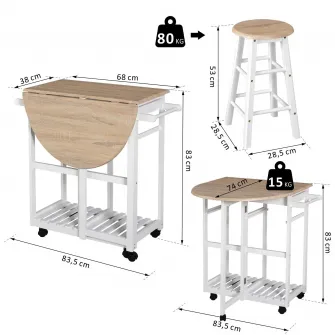 Carucior Homcom de Bucatarie Pliabil cu 2 Scaune din Lemn MDF, Alb 83.5x74x83cm