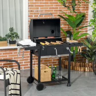 Carucior pentru gratar cu carbune Outsunny cu tava de carbune reglabila, grilaj de gratar din otel galvanizat cu afumare cu rafturi de depozitare