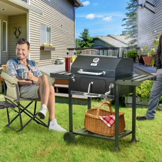 Carucior pentru gratar cu carbune Outsunny cu tava de carbune reglabila, grilaj de gratar din otel galvanizat cu afumare cu rafturi de depozitare