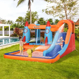 Castel Gonflabil cu Piscina, Tobogan, Trambulina, Outsunny, cu Pompa Electrica, 350x250x185 cm, 4 copii, 3-10 ani, Multicolor