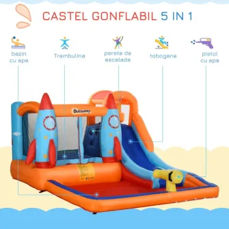 Castel Gonflabil cu Piscina, Tobogan, Trambulina, Outsunny, cu Pompa Electrica, 350x250x185 cm, 4 copii, 3-10 ani, Multicolor
