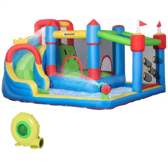 Castelul gonflabil pentru copii 5 in 1 Outsunny, Casa gonflabila in stil castel mare, Tobogan pentru casa gonflabila, cu sac de transport pentru pompa,pentru copii de 3-8 ani, 3,9 x 3 x 2 m