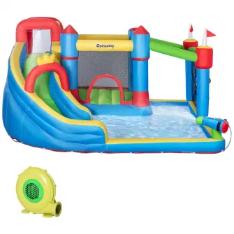 Castelul gonflabil pentru copii 5 in 1 Outsunny, Casa gonflabila in stil castel mare, Tobogan pentru casa gonflabila, cu sac de transport pentru pompa,pentru copii de 3-8 ani, 3,9 x 3 x 2 m