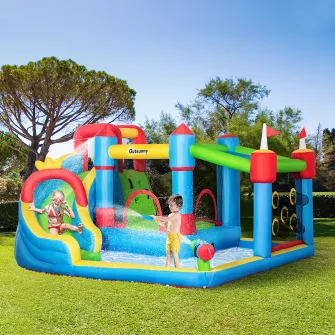 Castelul gonflabil pentru copii 5 in 1 Outsunny, Casa gonflabila in stil castel mare, Tobogan pentru casa gonflabila, cu sac de transport pentru pompa,pentru copii de 3-8 ani, 3,9 x 3 x 2 m