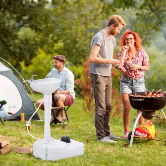 Chiuveta portabila de camping Outsunny, 2 roti, Maner, Rezervor de apa 17 l, Rezervor de sapun 3.5 l, Alb