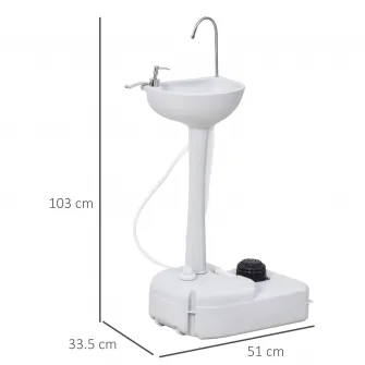Chiuveta portabila de camping Outsunny, 2 roti, Maner, Rezervor de apa 17 l, Rezervor de sapun 3.5 l, Alb
