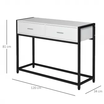 Consola pentru hol, Homcom, PAL/Metal, 2 sertare, 120 x 34 x 81 cm, Alb/Negru
