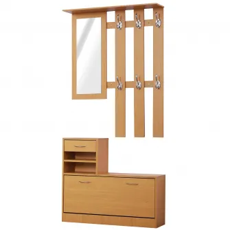 Cuier 6 carlige cu Oglinda si pantofar 90x22x116cm Lemn HOMCOM