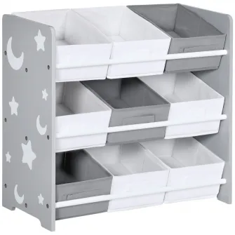Dulap de jucarii ZONEKIZ cu 9 cosuri detasabile, cutie de depozitare pentru jucarii din lemn MDF si material textil, 63x30x60cm, gri si alb