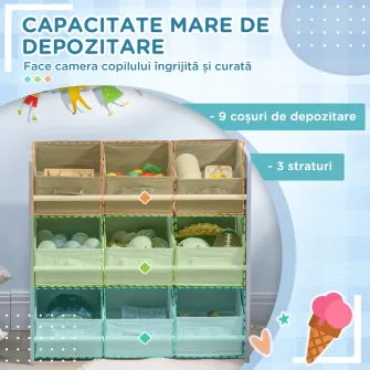 Dulap de jucarii ZONEKIZ cu 9 cosuri detasabile, cutie de depozitare pentru jucarii din lemn MDF si material textil, 63x30x60cm, gri si alb
