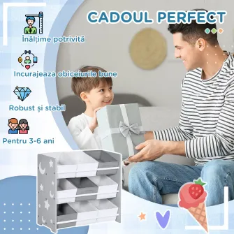 Dulap de jucarii ZONEKIZ cu 9 cosuri detasabile, cutie de depozitare pentru jucarii din lemn MDF si material textil, 63x30x60cm, gri si alb