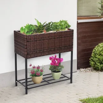 Ghiveci de plante pentru gradina Outsunny, Metal/Ratan, 70 x 30 x 72cm, Maro