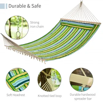 Hamac de Gradina Outsunny pentru 1-2 persoane Max 150 kg, Hamac de Camping din Bumbac si Poliester cu Perna Detasabila 400x140cm
