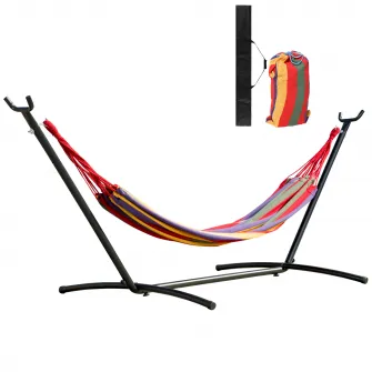 Hamac OutSunny Portabil cu suport din otel si bumbac multicolor