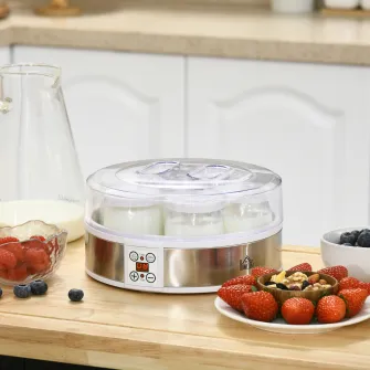 HOMCOM Aparat de facut Iaurt cu 7 Borcane de Sticla de 180ml, Masina de Iaurt din Otel Inoxidabil cu Cronometru, Termostat Reglabil si Afisaj LED pentru Deserturi Sanatoase Facute in Casa