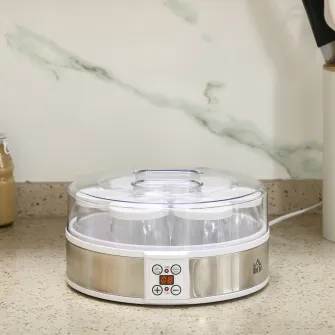 HOMCOM Aparat de facut Iaurt cu 7 Borcane de Sticla de 180ml, Masina de Iaurt din Otel Inoxidabil cu Cronometru, Termostat Reglabil si Afisaj LED pentru Deserturi Sanatoase Facute in Casa