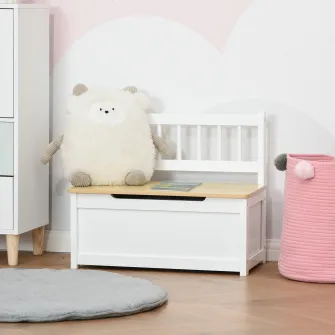 Homcom Banca Cutie de Depozitare pentru Copii 2 in 1 din Lemn 60x30x50cm, Alb/Lemn natural